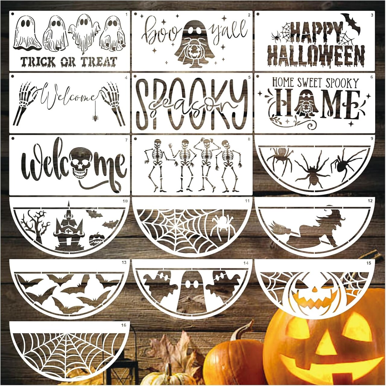 16 Pcs Halloween Stencils for Painting on Wood Reusable (16 Half Halloween)